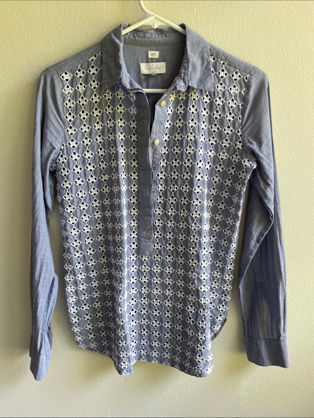 LOFT Blue Eyelet Front Button-Down Shirt